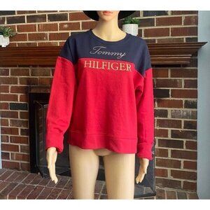 Tommy Hilfiger Women’s Red Navy Logo Sweatshirt Sz L Comfort Cotton Sweater New